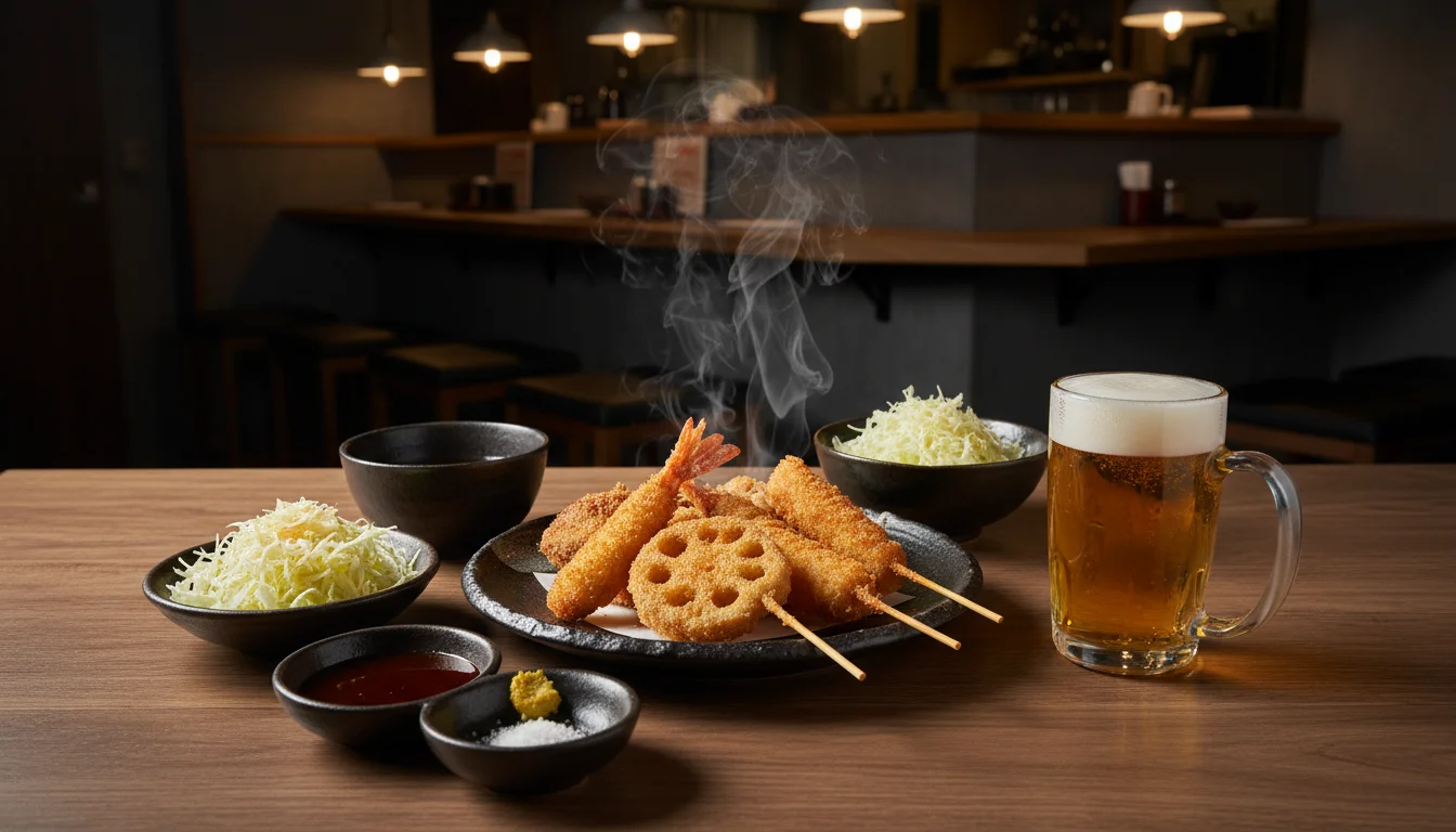 串カツと小皿料理が並んだ木のテーブルを上から見た夜の食卓