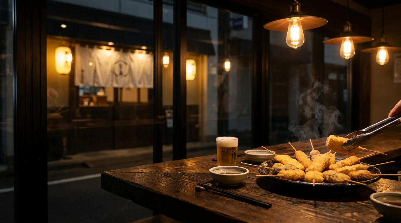 夜の時間帯に暖色の照明がともる居酒屋の入口と周辺の外観